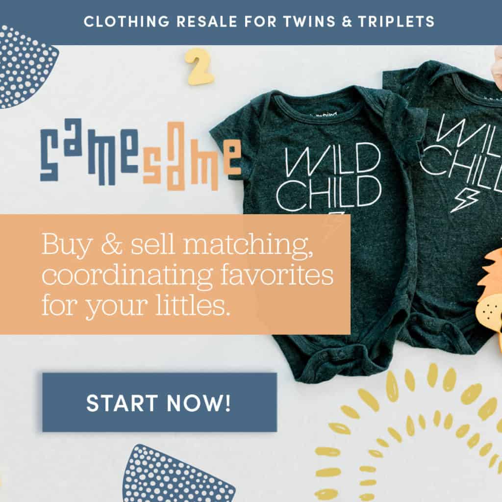 This is an advertisement for SameSame Kids, an online clothing resale store for twins and triplets